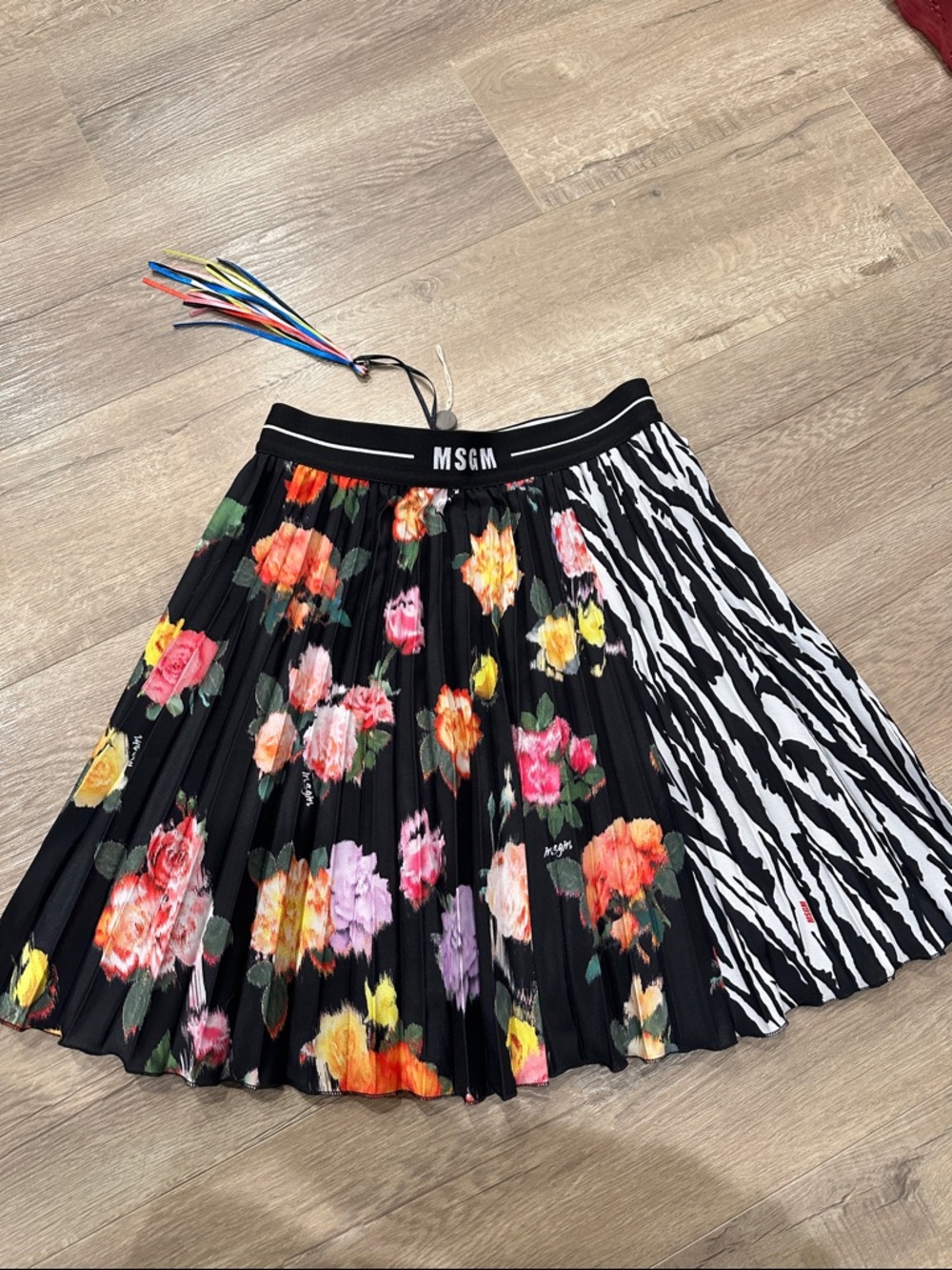 MSGM made in Italy Black Floral & Zebra Pleated Skirt with Multicolor Flowers